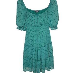 Trixxi green mini dress- Medium- puff sleeves, smocked elastic waist,‎ summer